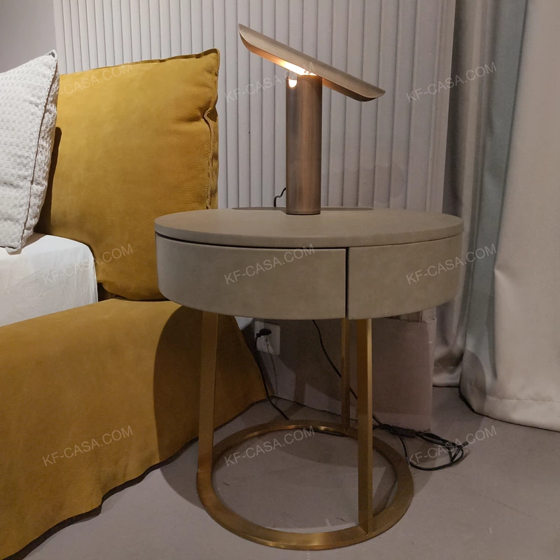 Modern Round Nightstand with Light Gray Leatherette & Gold Stainless Steel Base